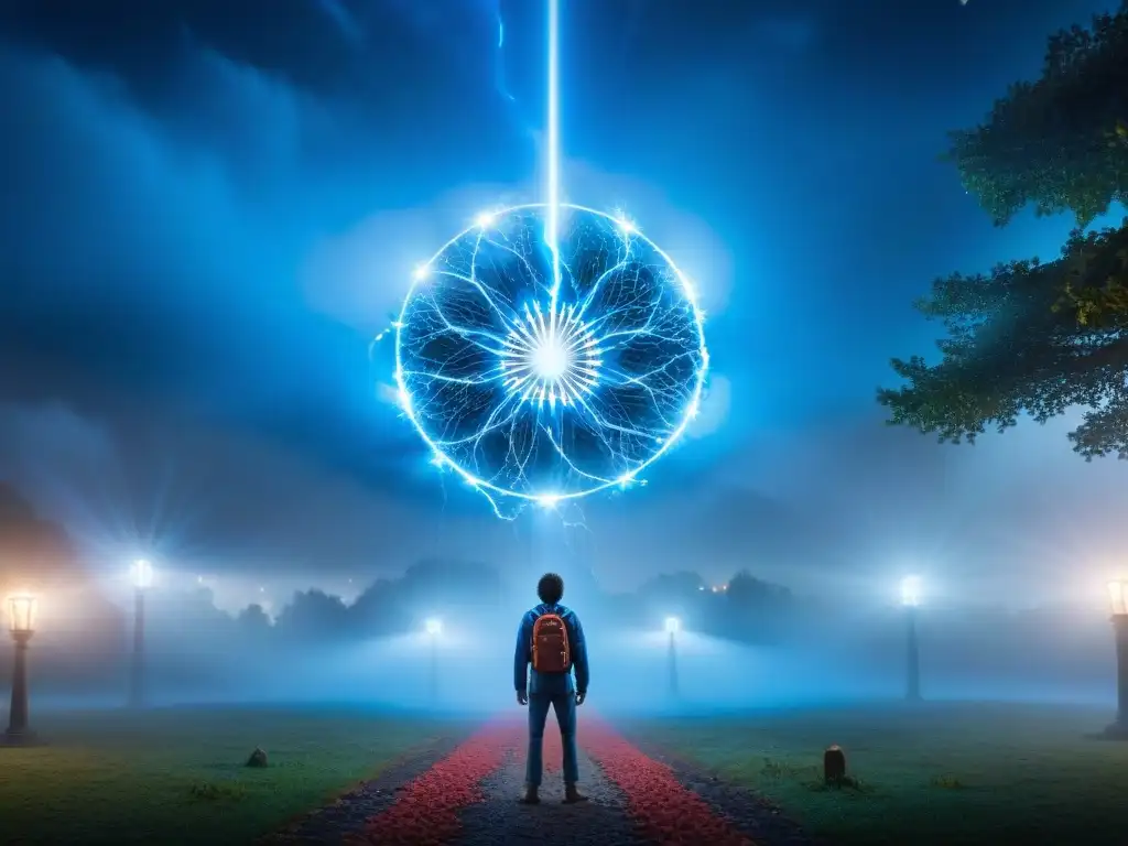 Un portal interdimensional de 'Stranger Things', con una red de materia brillante y luces, rodeado de misteriosa energía