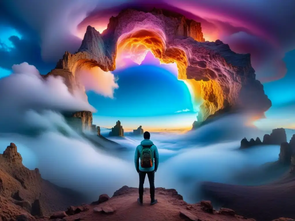 Portal interdimensional brillante en un paisaje alienígena Un portal intrincado entre dimensiones, rodeado de niebla de colores cambiantes