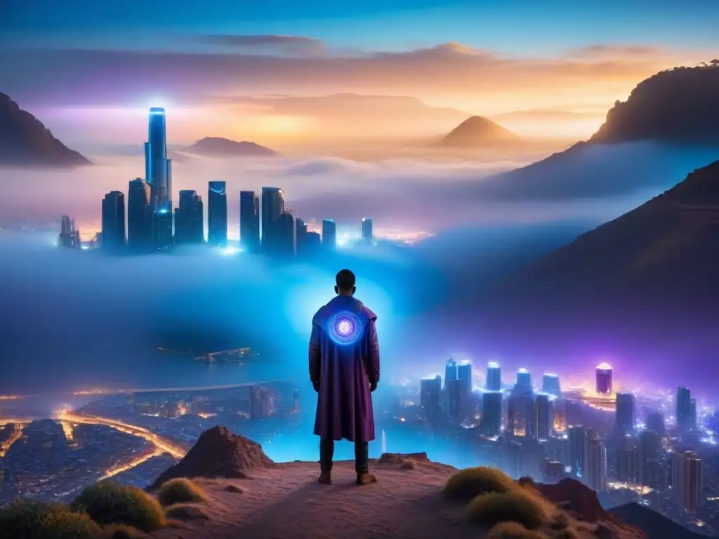 Portal cósmico en ciudad futurista Un portal intrincado de otro mundo, brillando en tonos cósmicos sobre una ciudad futurista, iluminada por una luz misteriosa y cautivadora