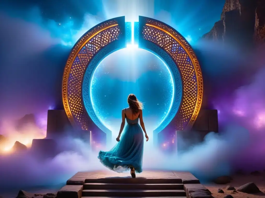 Portal cósmico de misterio y maravilla en azules y morados Un portal intrincado resplandeciendo con tonos azules y morados, rodeado de energía cósmica que distorsiona el espacio