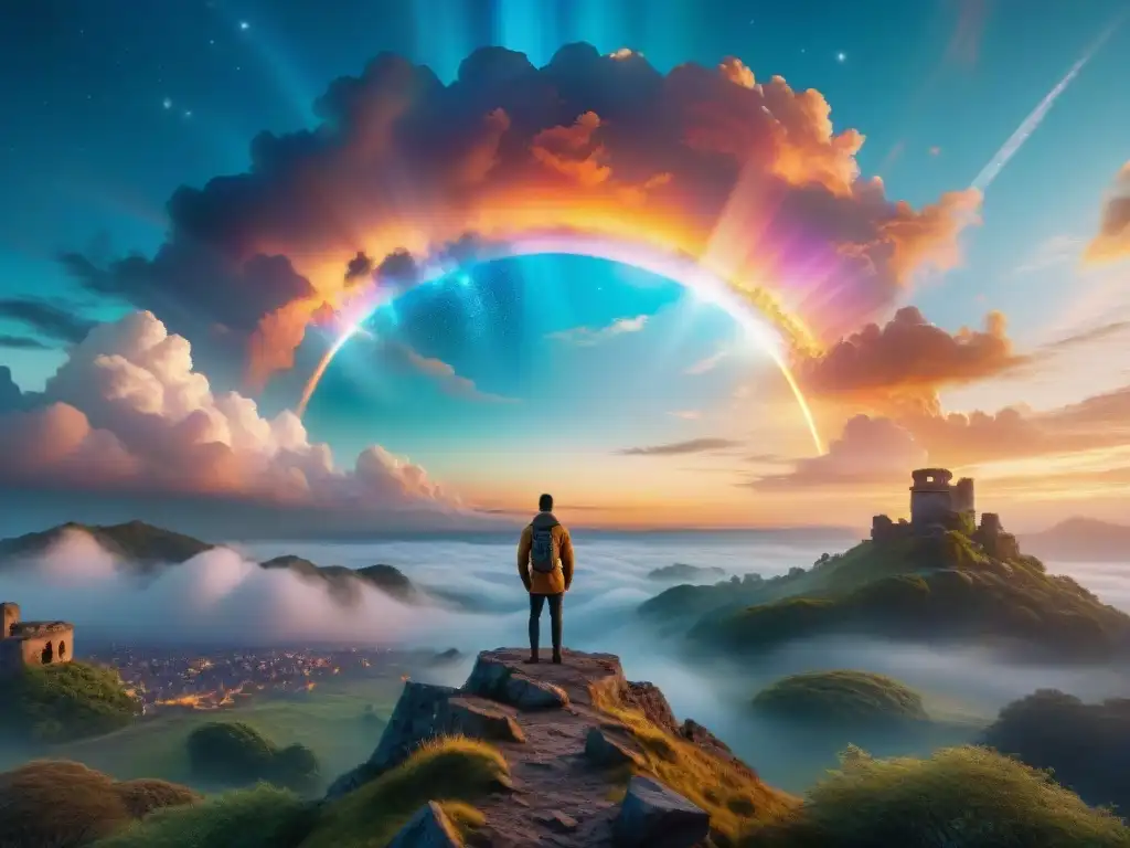 Portal místico: puente entre dimensiones Un portal místico entre ruinas antiguas y una ciudad futurista, irradiando colores