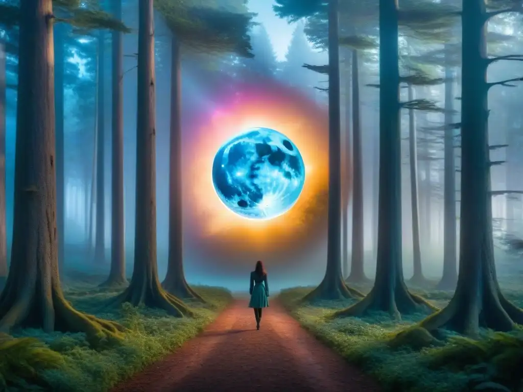 Un portal de otro mundo brilla con luz iridiscente en un bosque místico, bajo la luna, creando un ambiente de 'Peligros en viajes interdimensionales'