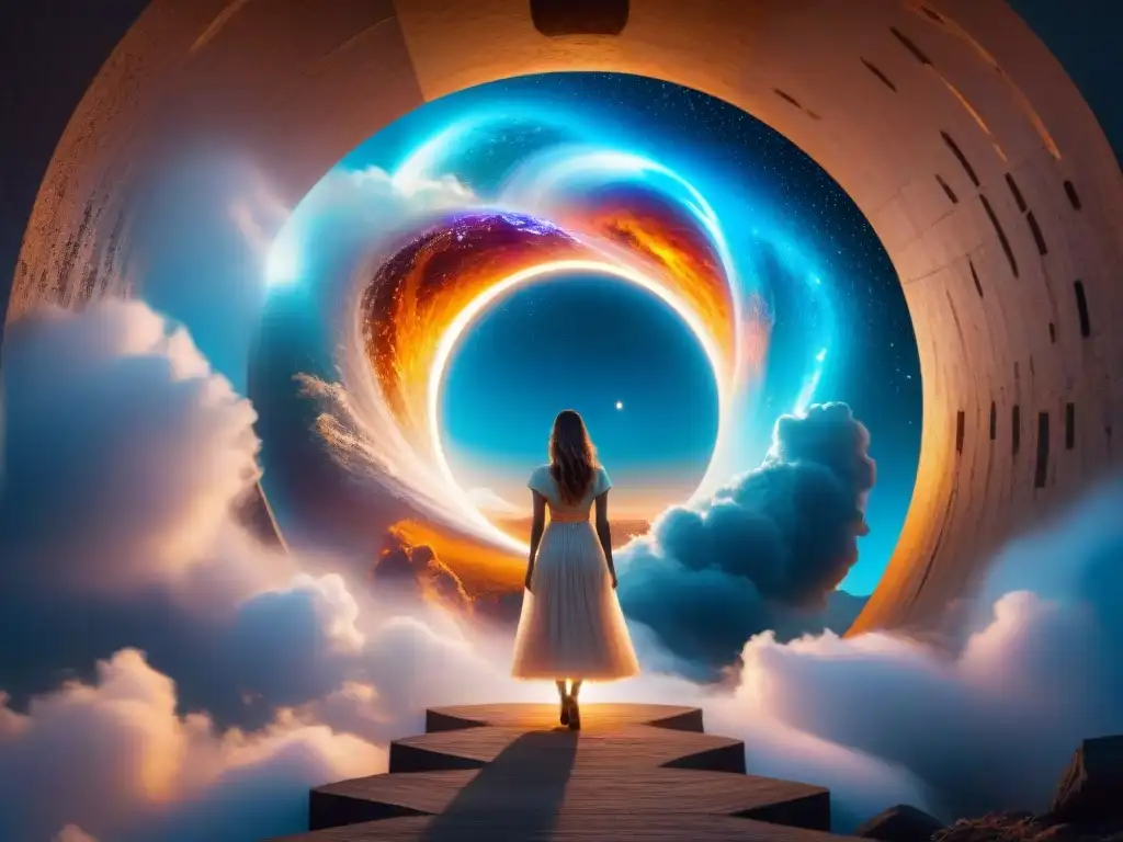 Portal misterioso: paisajes fantásticos más allá Un portal reluciente entre dimensiones paralelas en literatura, revelando paisajes fantásticos y energías cósmicas