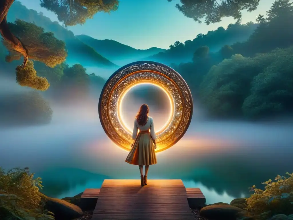 Portal de dimensiones paralelas en el bosque místico Un portal reluciente con galaxias y símbolos antiguos en un bosque místico
