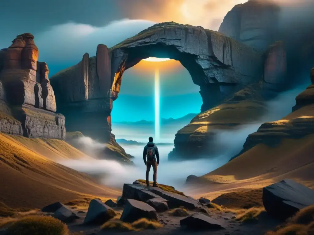 Un portal surrealista brilla en un paisaje oscuro