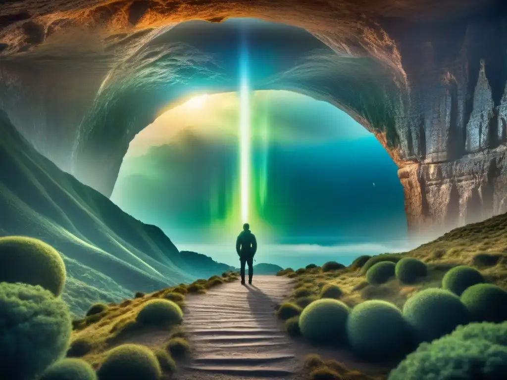 Portal misterioso: puerta hacia lo desconocido Un portal titilante en un abismo misterioso, con símbolos antiguos, revela un paisaje surreal en dimensiones paralelas en literatura