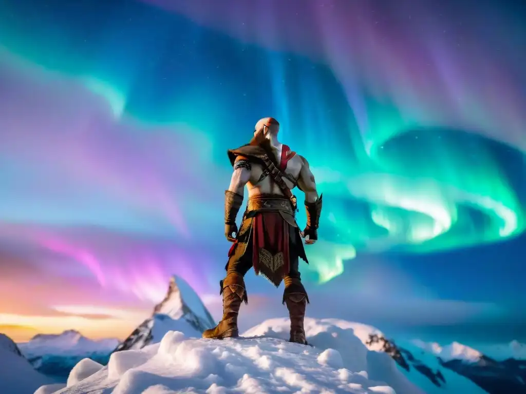 Presencia nórdica en God of War: Kratos en la cima nevada, con auroras boreales y un dragón majestuoso