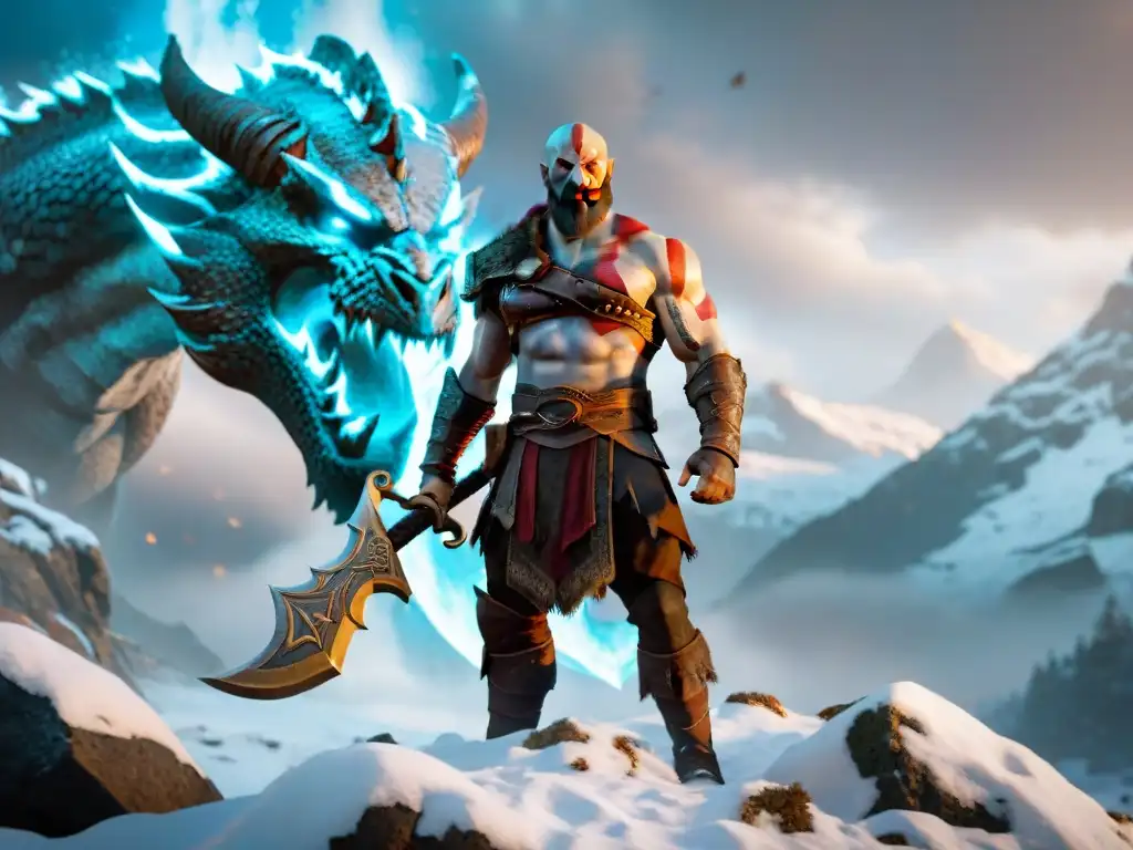 Presencia nórdica en God of War: Kratos poderoso con su hacha, en paisaje nevado con un majestuoso dragón volando