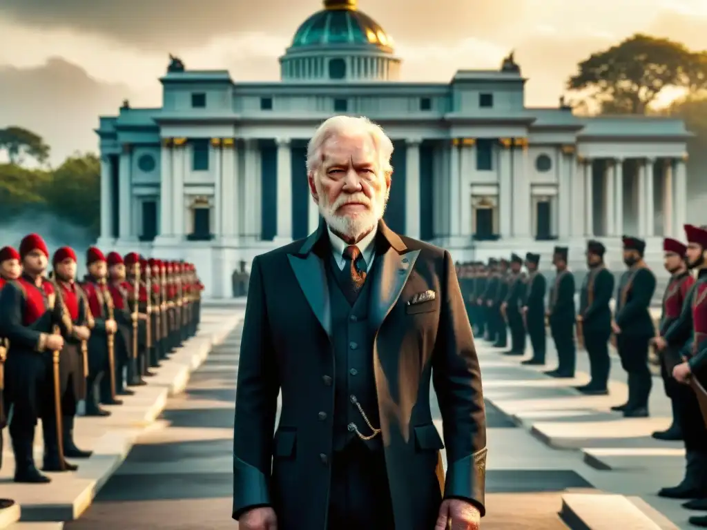 Presidente Snow en pose amenazante, con mirada calculadora y fondo opulento del Capitolio