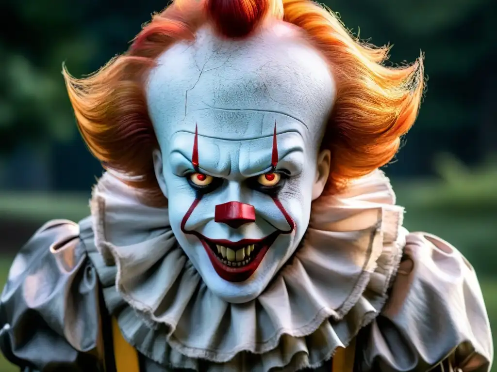 Aterradora mirada de Pennywise en detalle Un primer plano detallado de Pennywise el payaso bailarín de la película 'IT', con su siniestra sonrisa y ojos penetrantes, iluminado dramáticamente