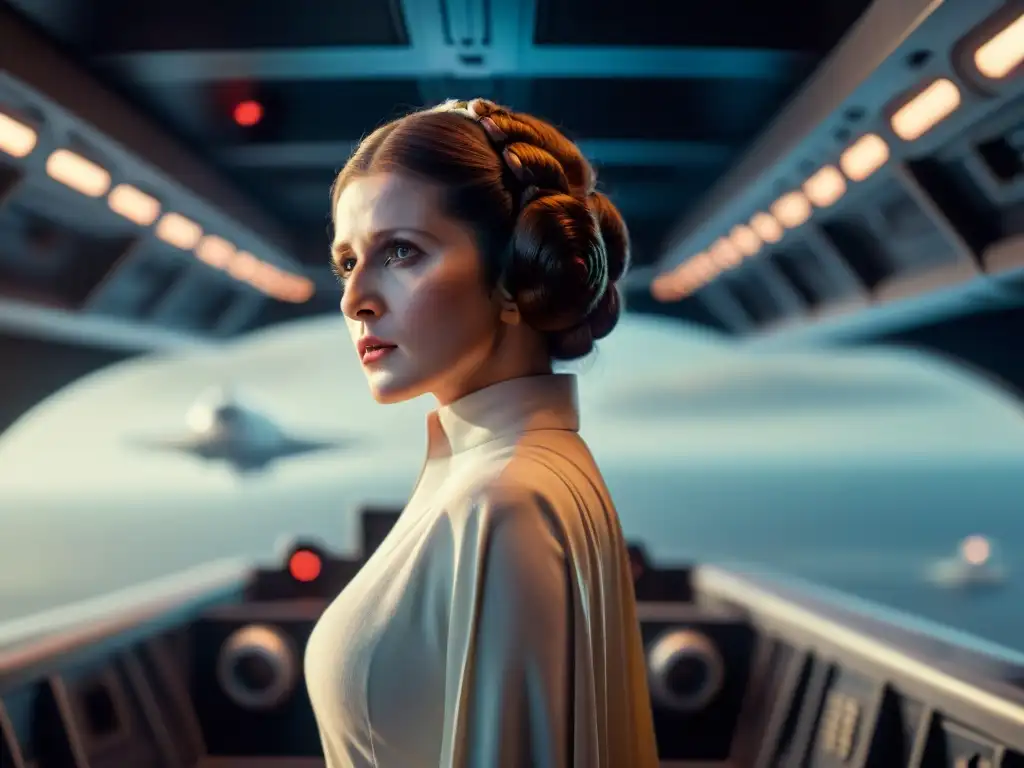 Princesa Leia muestra liderazgo en Star Wars análisis, en la nave rebelde, mirando al espacio con determinación y preocupación