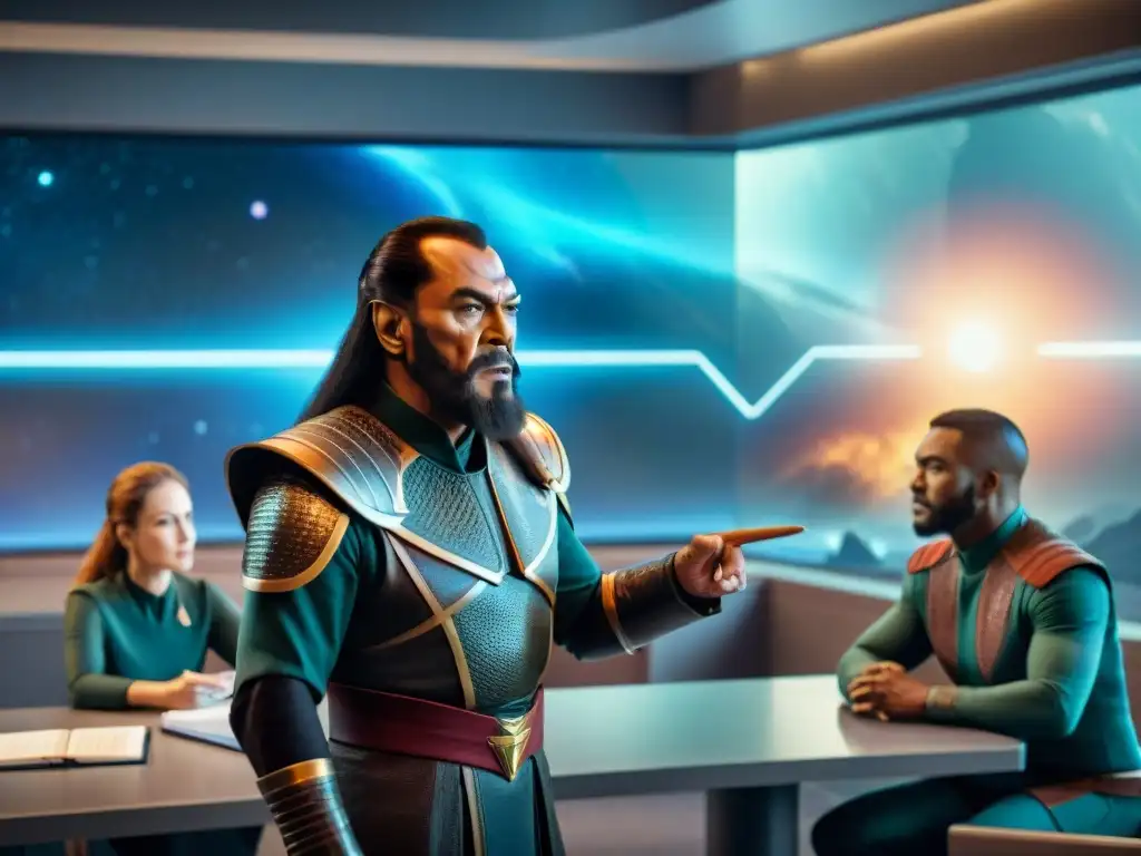 Un profesor Klingon enseña a estudiantes diversas en un aula futurista