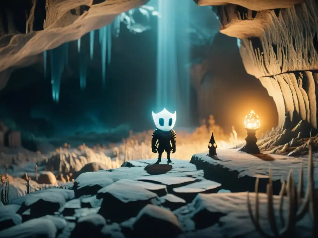 En las profundidades de Hollow Knight, el Caballero contempla geografía submundos secretos mientras su linterna ilumina misteriosas sombras