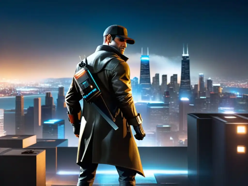 El protagonista de Watch Dogs, Aiden Pearce, en un tejado nocturno de Chicago, simbolizando el control tecnológico en Watch Dogs