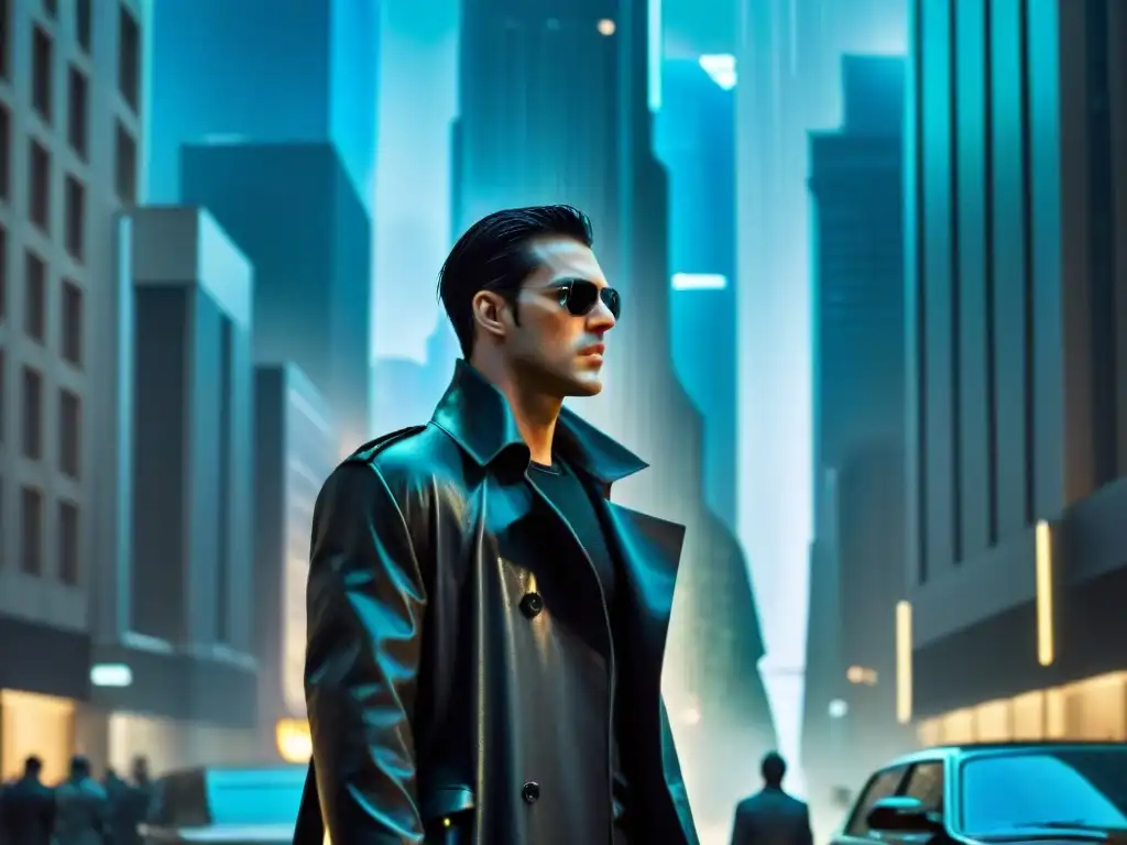 Neo, el protagonista de 'Matrix', desafiante en una ciudad futurista bajo una lluvia digital