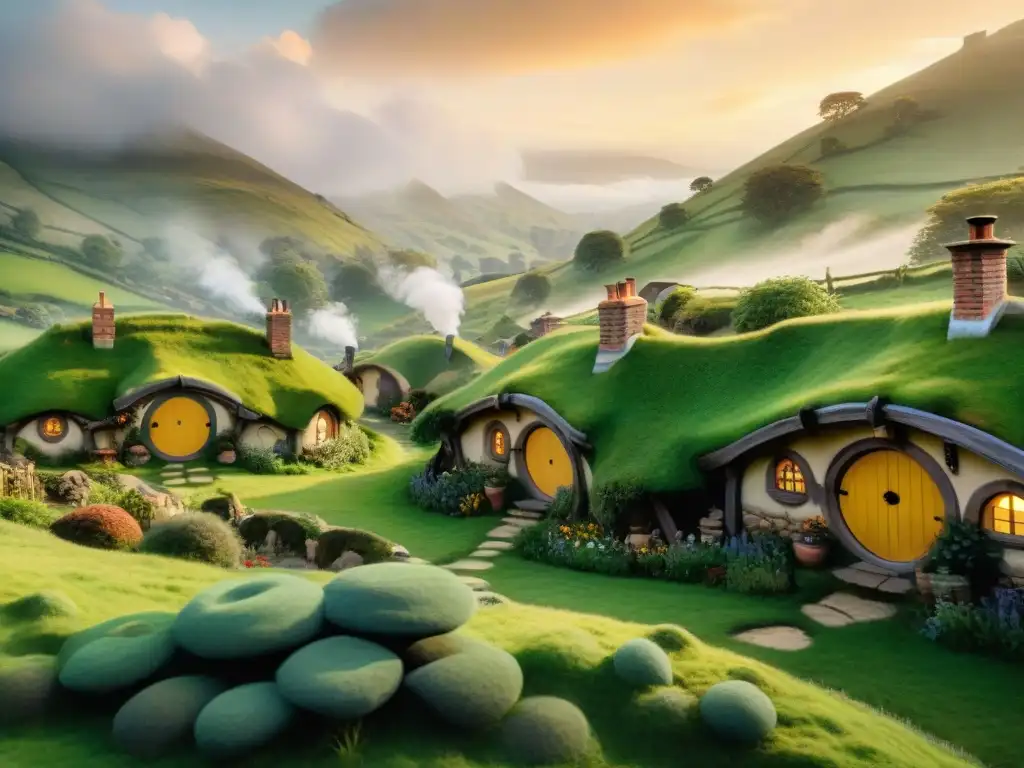 Un pueblo Hobbit pintoresco entre colinas verdes, con puertas redondas y humo de chimeneas