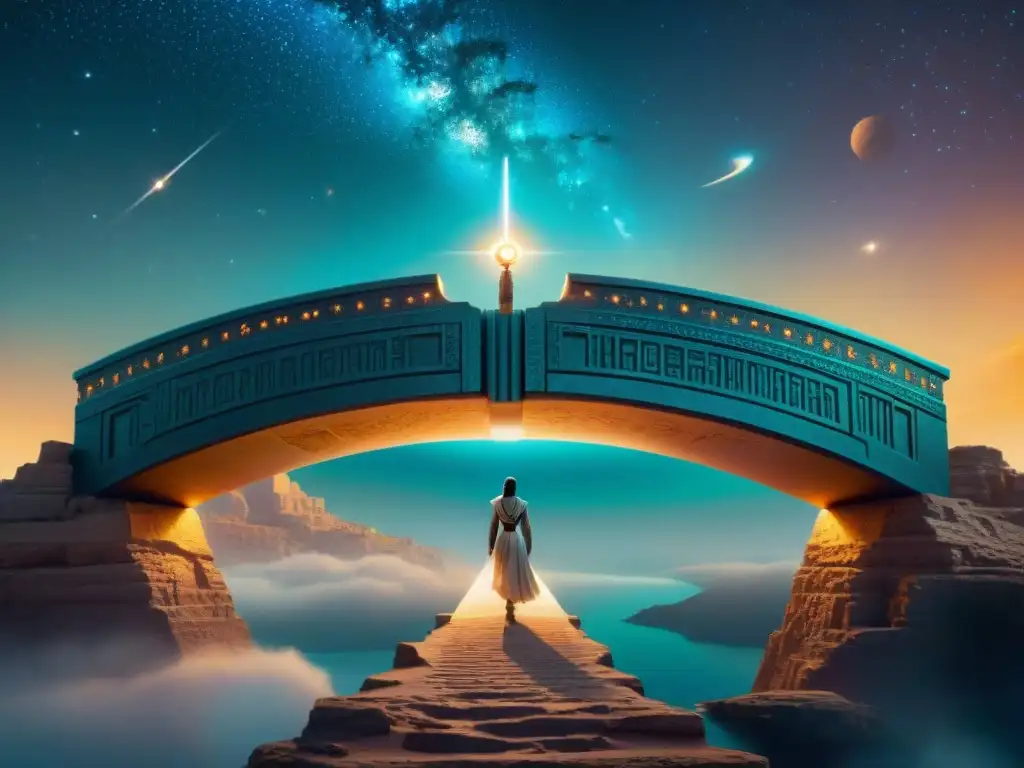 Puente cósmico: símbolos antiguos y futuristas en un viaje surrealista Un puente cósmico que reinventa la mitología antigua y Star Wars en una fusión surrealista