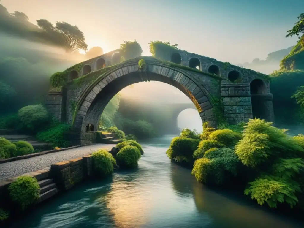 Puente de piedra antiguo en Dubrovnik, con mitologías y reinos ficticios tallados, rodeado de verdor y misteriosa niebla al atardecer