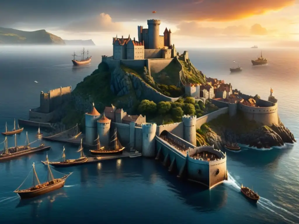 Un puerto medieval bullicioso en el universo de 'Game of Thrones', con barcos y dragones, evocando el comercio marítimo en Juego de Tronos