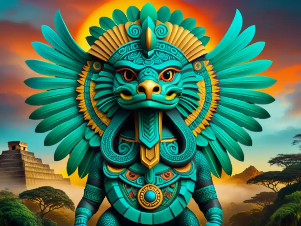 Quetzalcóatl, dios serpiente emplumado en la mitología azteca en literatura fantástica, se desliza entre la exuberante jungla al atardecer