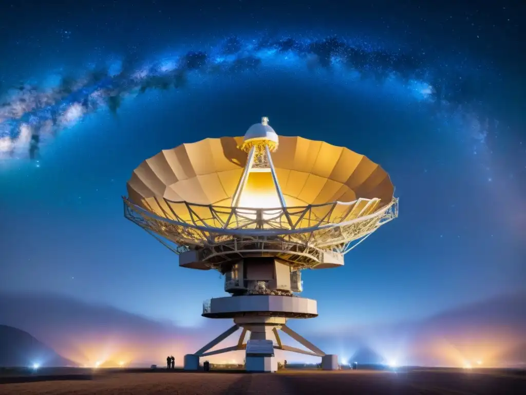 Un radiotelescopio de última tecnología captando señales del cosmos en la noche estrellada, evocando la búsqueda de inteligencia extraterrestre