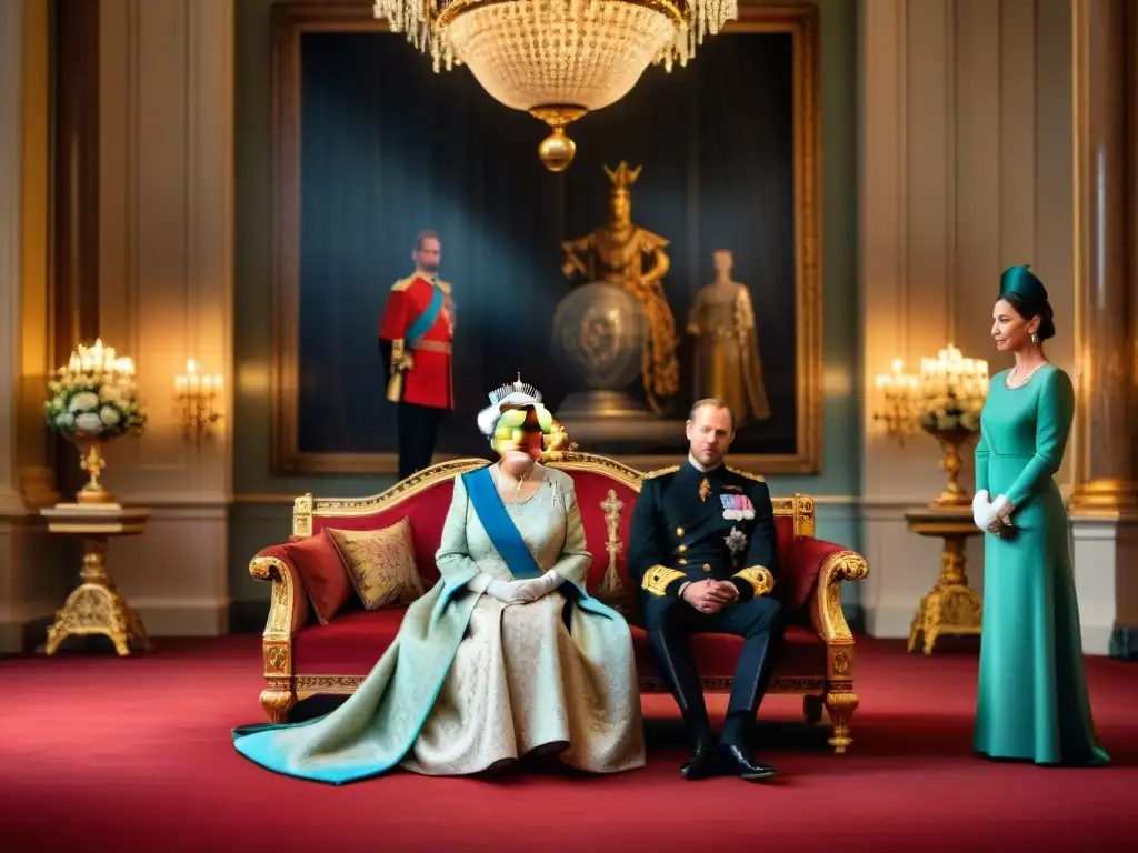 La realeza británica en 'The Crown': Reina Isabel II en su trono rodeada de familiares, en un ambiente de poder y tradición