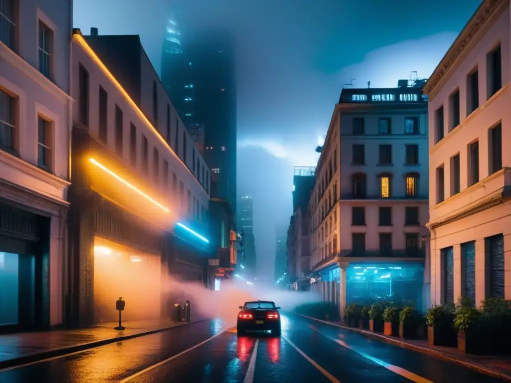 Intersección de Realidades en Narrativa: Noche de misterio y luces en la ciudad, con neón reflejado en rascacielos y niebla densa