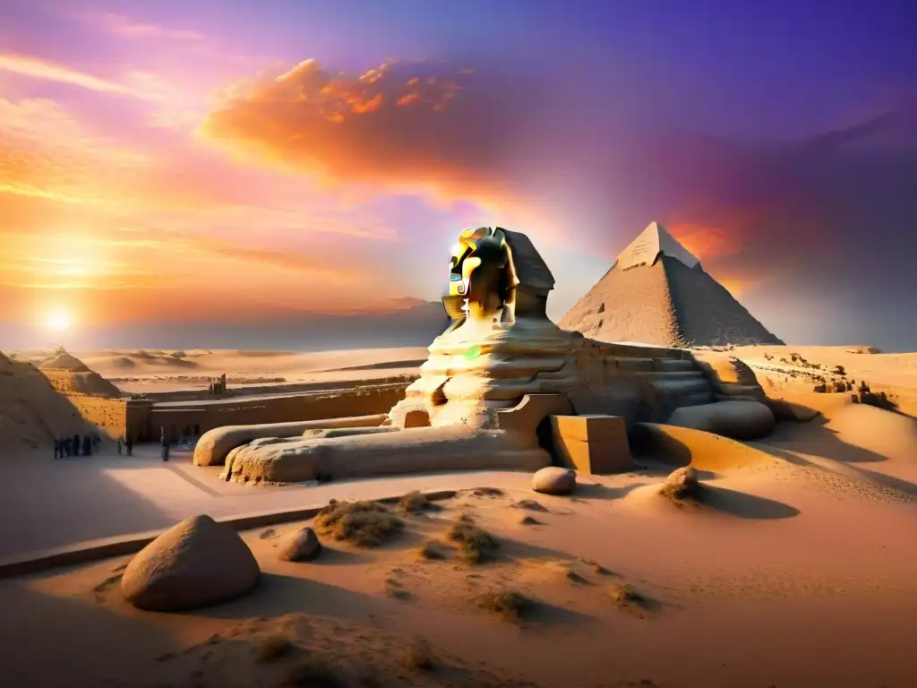 Recreación realista de la Gran Esfinge de Giza al atardecer, evocando mitologías egipcias en videojuegos