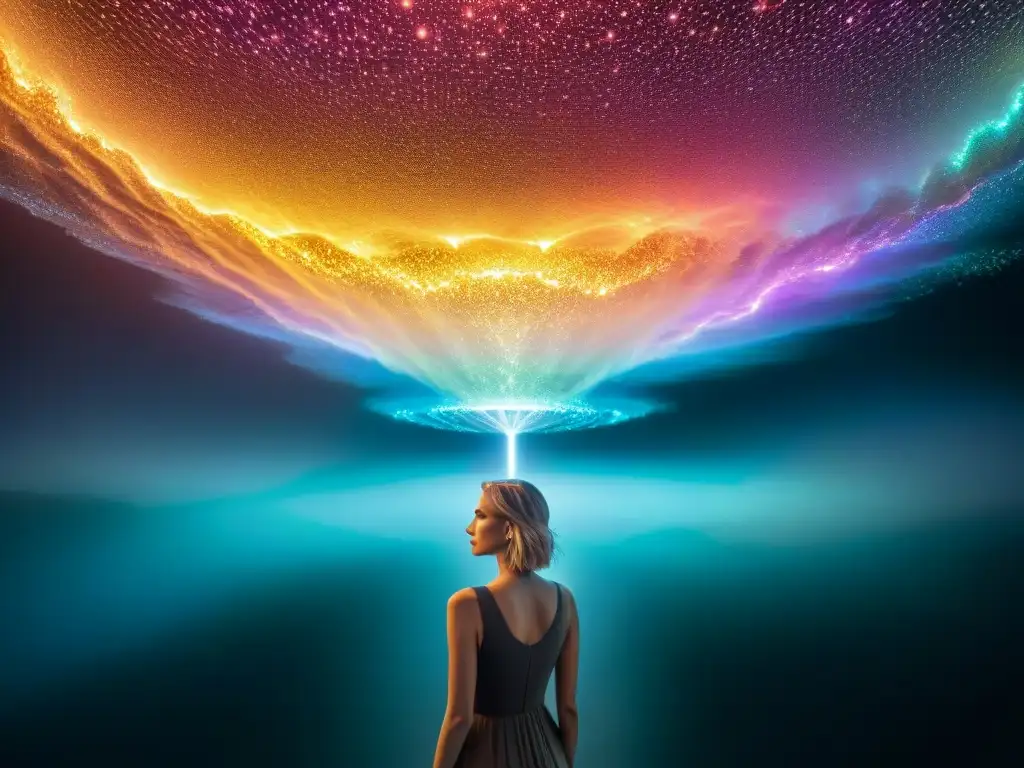 Dimensiones entrelazadas: un cosmos de líneas brillantes en la oscuridad Una red intrincada de cronologías en mundos imaginarios, conectadas en un vacío etéreo y oscuro