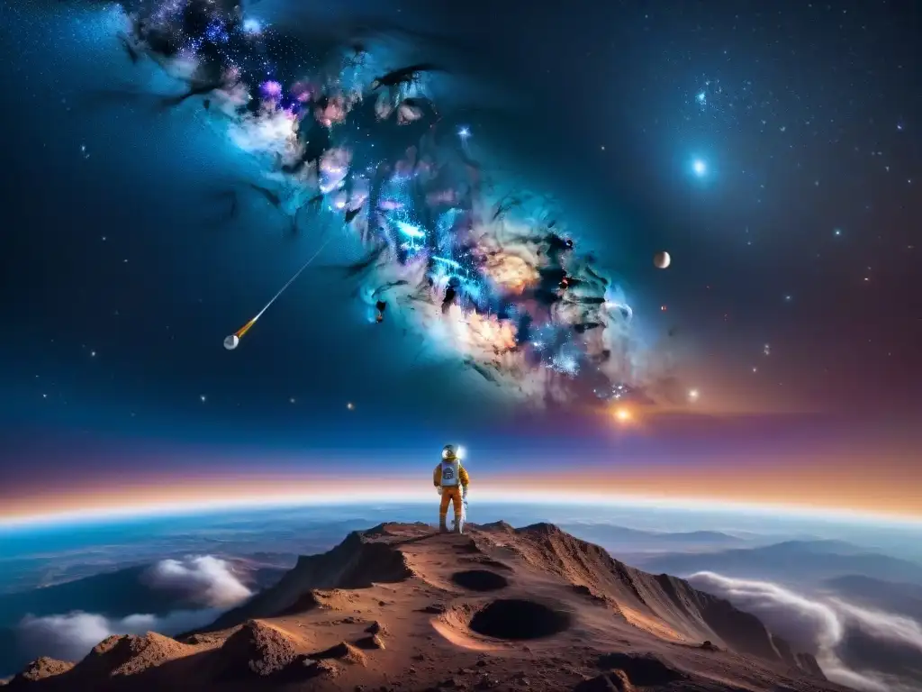 Red de satélites avanzados orbitando un planeta lejano, transmitiendo datos a un centro en su superficie, en una nebulosa cósmica