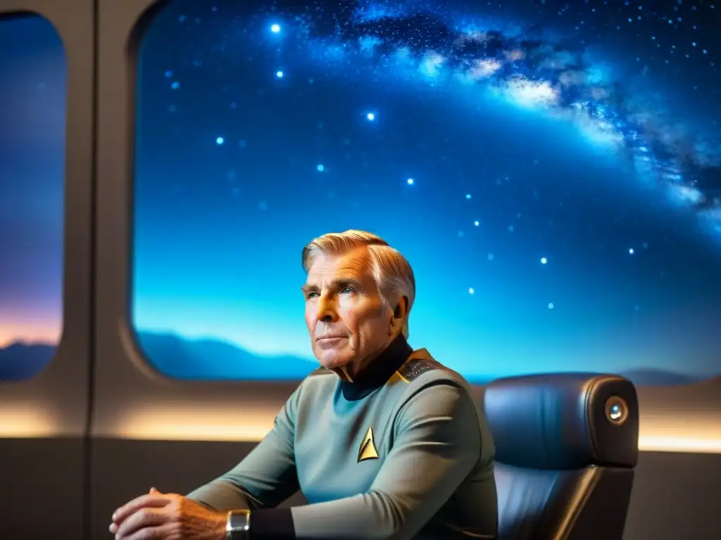 Gene Roddenberry reflexivo rodeado de tecnología futurista y mapas estelares, con la Enterprise reflejada en sus ojos