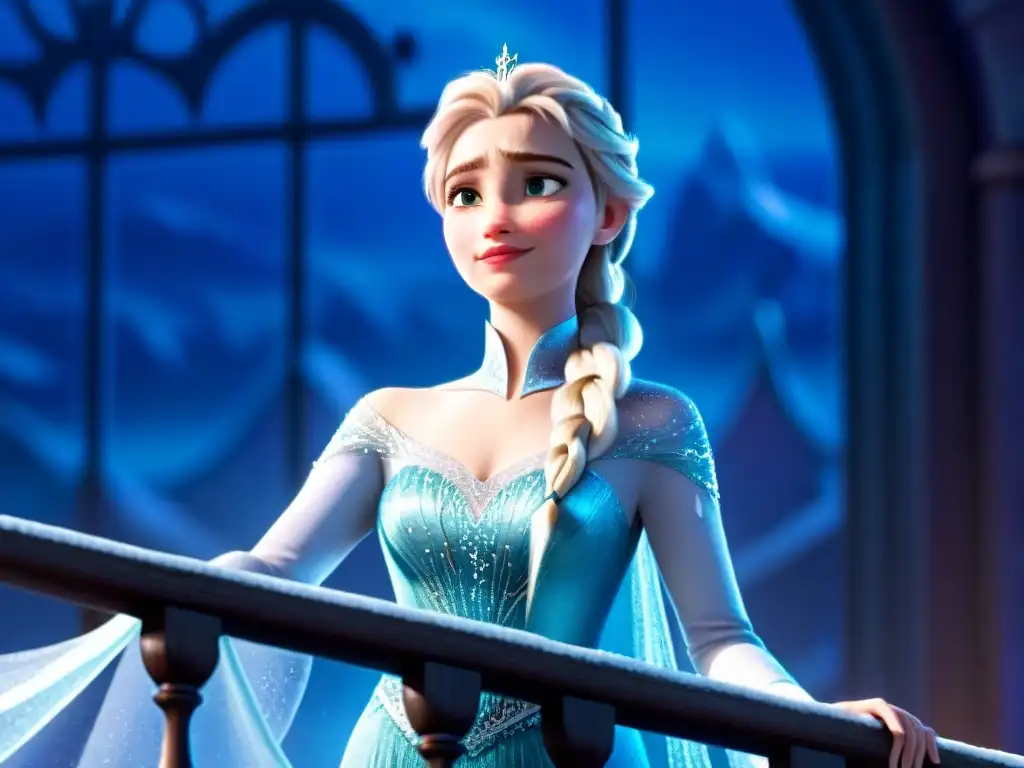 La reina Elsa, regia y contemplativa en su palacio de hielo en Arendelle, rodeada de copos de nieve