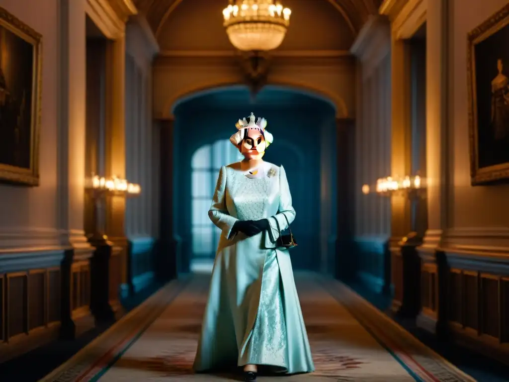 La reina Elizabeth II reflexiona en soledad en un palacio, cargando el peso de su corona