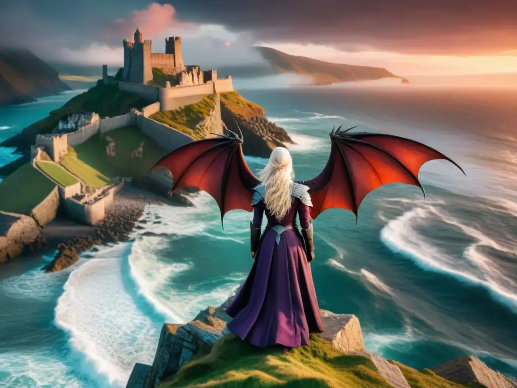 Una reina Targaryen lidera majestuosos dragones sobre Dragonstone al atardecer