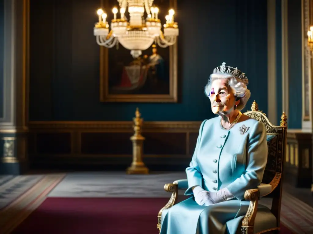 La Reina Elizabeth II reflexiona en su trono, iluminada por sombras, capturando las Lecciones de liderazgo 'The Crown'