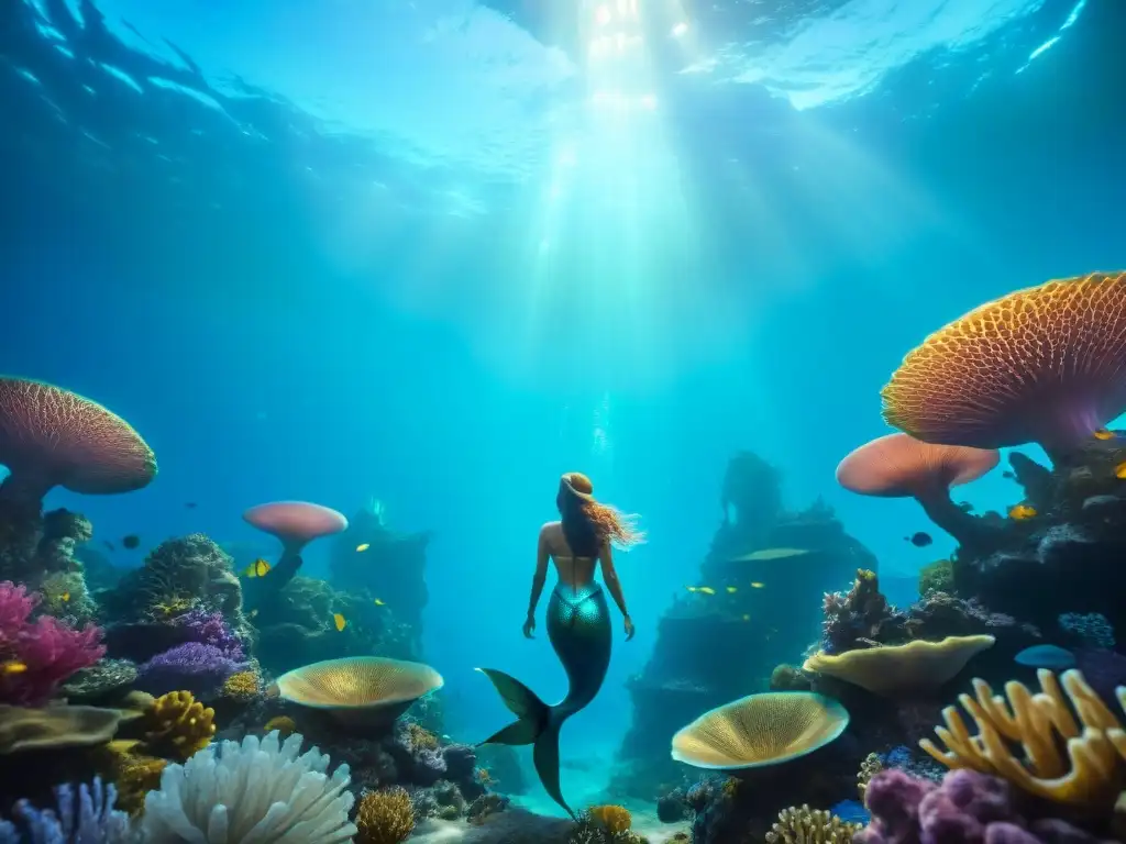 Un reino submarino de corales brillantes iluminados por luces bioluminiscentes, habitado por criaturas imaginarias en mundos ficticios