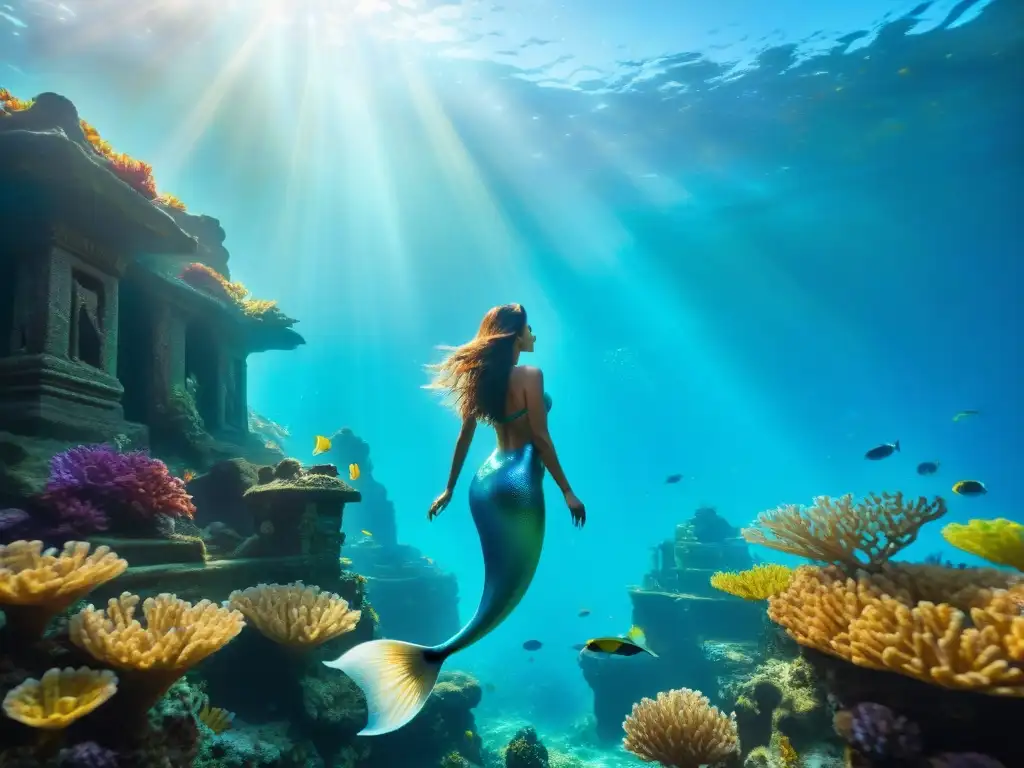 Un reino submarino majestuoso con sirenas nadando entre corales coloridos y ruinas hundidas, creando una atmósfera mágica