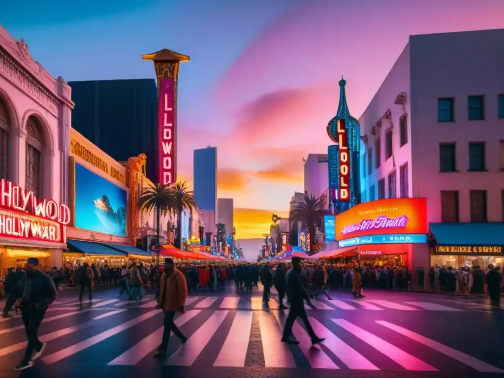 Renacimiento del musical en La La Land: Hollywood Boulevard atardeciendo, con neones y gente en un ambiente mágico