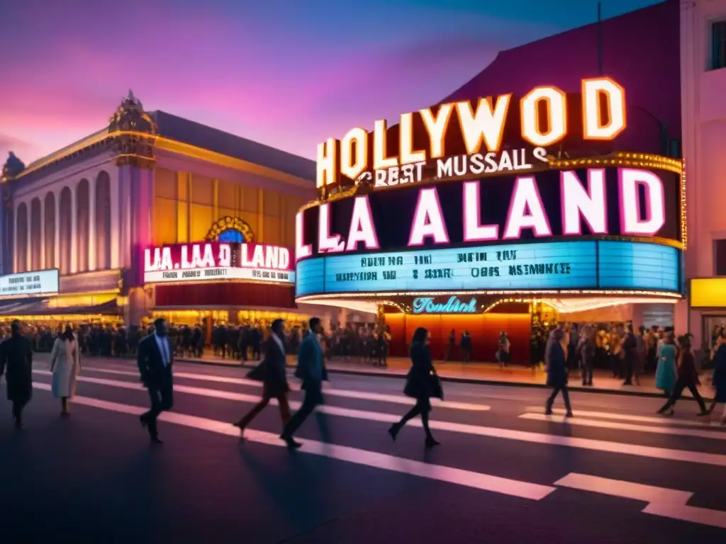 Renacimiento del musical en La La Land: Una calle bulliciosa al atardecer, con siluetas y luces de ciudad