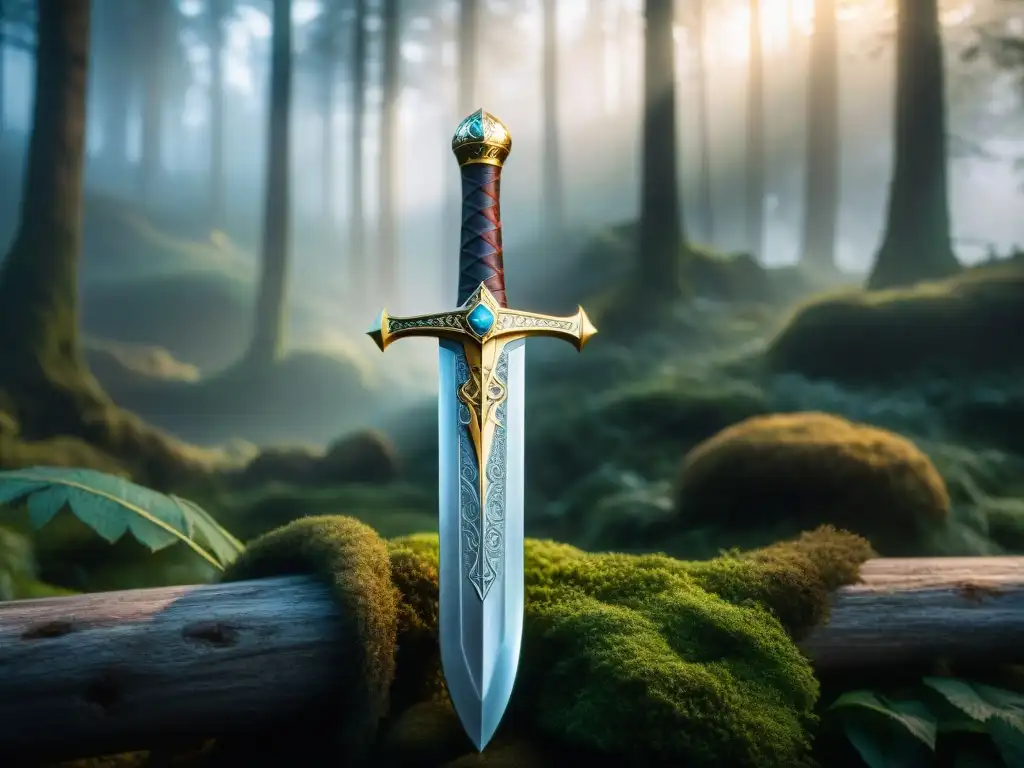 Una réplica detallada de la icónica espada Excalibur en un bosque misterioso