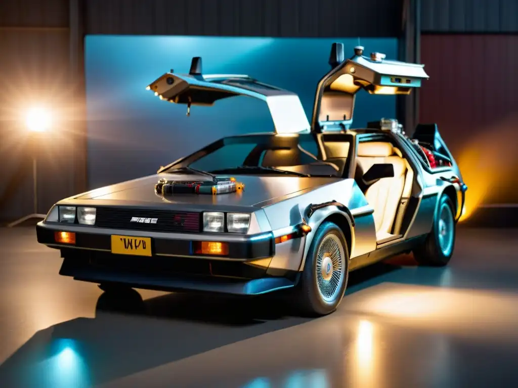 Una réplica detallada del DeLorean de 'Back to the Future' en un garaje iluminado, evocando nostalgia