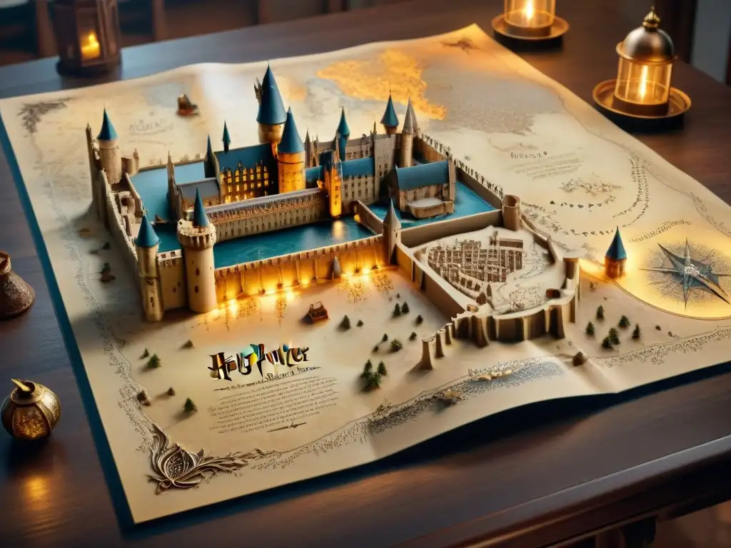 Una réplica detallada del Mapa del Merodeador de Harry Potter, iluminada en un cálido resplandor mágico