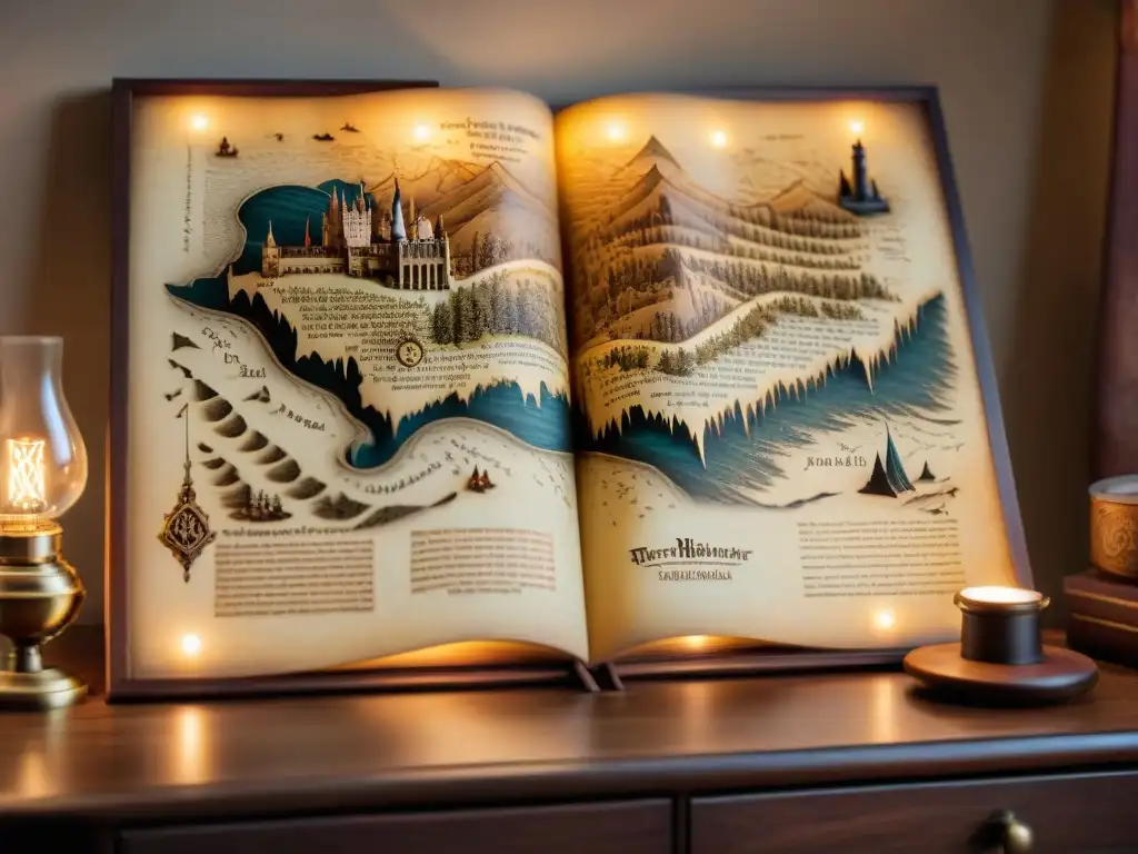 Una réplica detallada del Mapa del Merodeador de Harry Potter en un escritorio de madera bajo la luz de una linterna; ¡una atmosfera mágica!