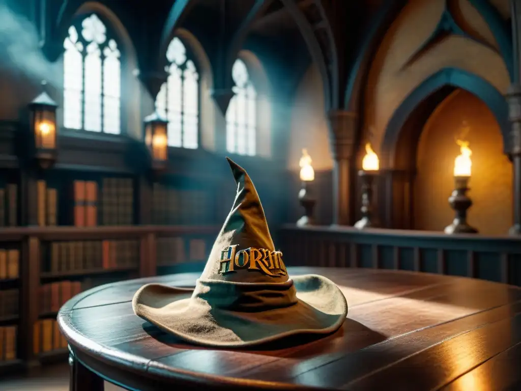 Una réplica detallada del Sombrero Seleccionador de Harry Potter en una mesa de madera, iluminado misteriosamente