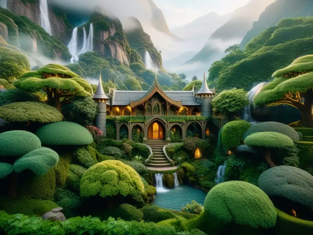 Réplicas Tierra Media coleccionables: Detalle en 8k de Rivendell en miniatura rodeada de naturaleza exuberante y montañas majestuosas