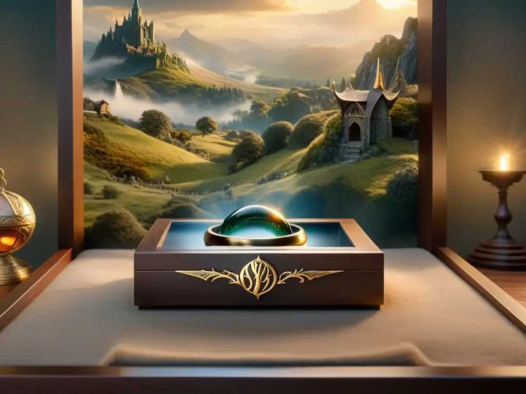 Réplicas Tierra Media coleccionables en estuche detallado, con Anillo Único, espada de Aragorn y más, sobre paisaje de la Comarca al atardecer