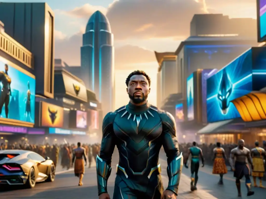 Una representación detallada de las bulliciosas calles de Wakanda, fusionando arquitectura africana tradicional con tecnología futurista