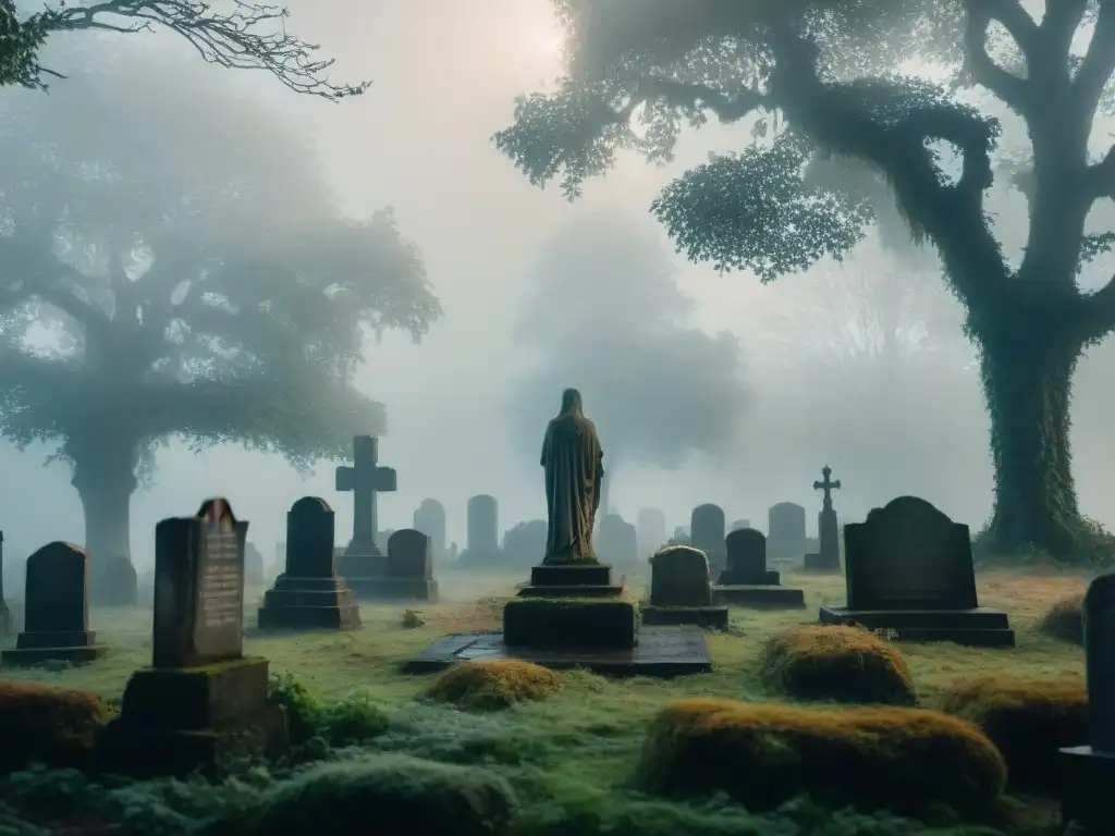 Resiliencia de fantasmas en narrativa: Imagen cinematográfica de una figura fantasmal en un cementerio antiguo entre la niebla densa al atardecer