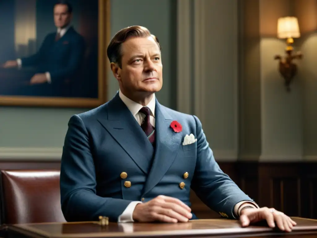 Un retrato cercano de King George VI interpretado por Colin Firth, en una habitación tenue, con una mirada de determinación en su rostro