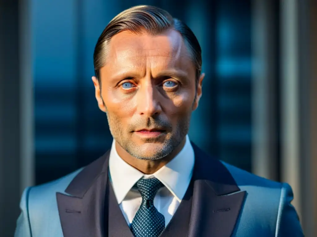 Mads Mikkelsen como Hannibal Lecter: Mirada penetrante y sonrisa sutil Un retrato cercano de Mads Mikkelsen como Hannibal Lecter, con sus penetrantes ojos azules y una sutil sonrisa